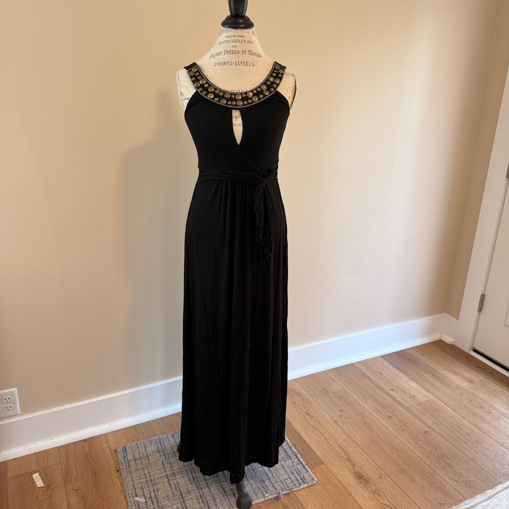 Iris Women's Black Maxi Sundress w/Embellished Neckline and Keyhole Front Size S